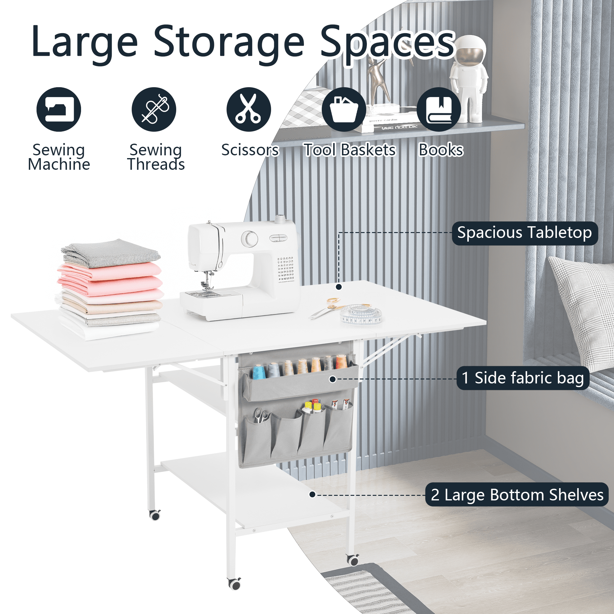 Erinnyees Sewing Table with Storage Shelves and Storage Bag, Mobile Folding Cutting Table for Large Fabric, Foldable Desk for Home Office Sewing Room Craft Room, Fixed Height 36in