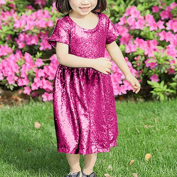 Toddlers Girls Sequins Dresses Size 3-8 Trendy Sparkly Solid Color Short Sleeve Crewneck Pullover Evening Party Dance Dress