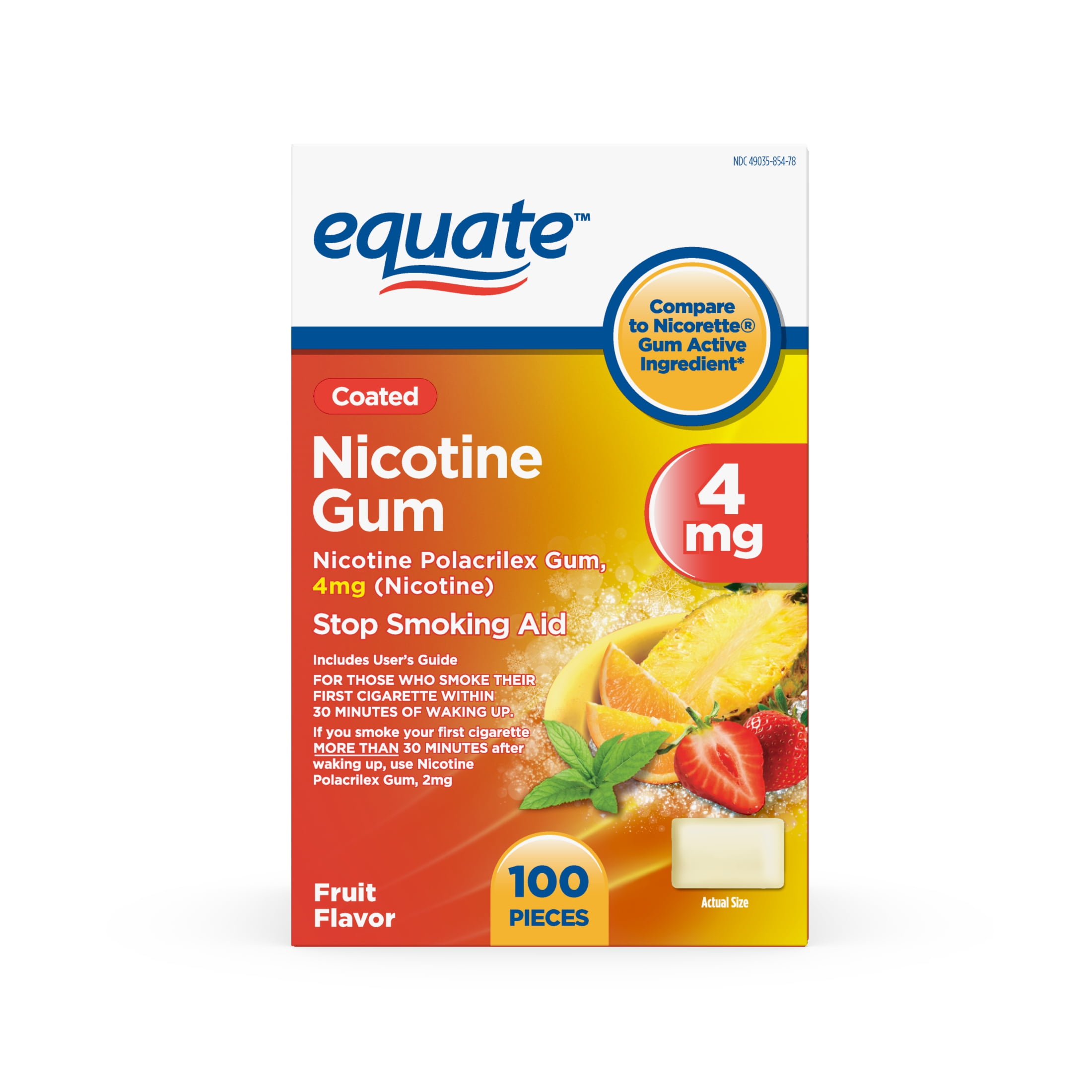 Equate Coated Nicotine Polacrilex Gum, 4 mg, Fruit Flavor, Stop Smoking Aid, 100 Count