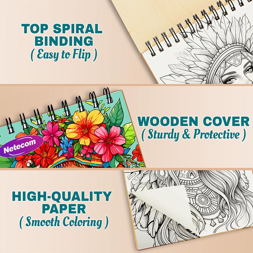 Boho Style Coloring Book Spiral Bound For Adults, A5 Wooden Cover, 30 Beautiful Coloring Pages of Black Women Styling Fashion Trends for Stress Relief and Relaxation