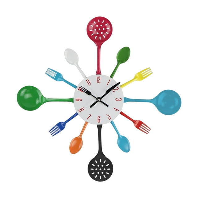 Transemion Kitchen Iron Wall Clock 3D Removable Spoon Clocks Cookware Hanging Ornament Quartz Living Room Hotel Home Decor Colorful