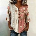 thumbnail image 2 of OOOUM Woman 3/4 Sleeve Blouse Modern Fit Print Ruffle V Neck Basic Tops Stylish Comfortable Outfits Tees Watermelon Red, 2 of 4