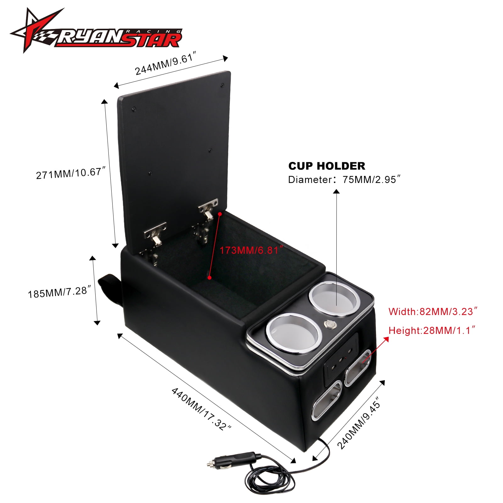 RYANSTAR RACING Truck Seat/Bench Organizer, Rear Bench Seat Consoles with LED Light, USB Port, Cup Holders, Armrest, and Padded Top Lid