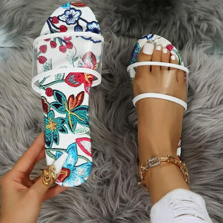 

〖Yilirongyumm〗 Red 37 Slippers For Women Printed Flat Slippers Slip On Sandals Casual Sandals Flat Open Toe Glitter Beach Slippers