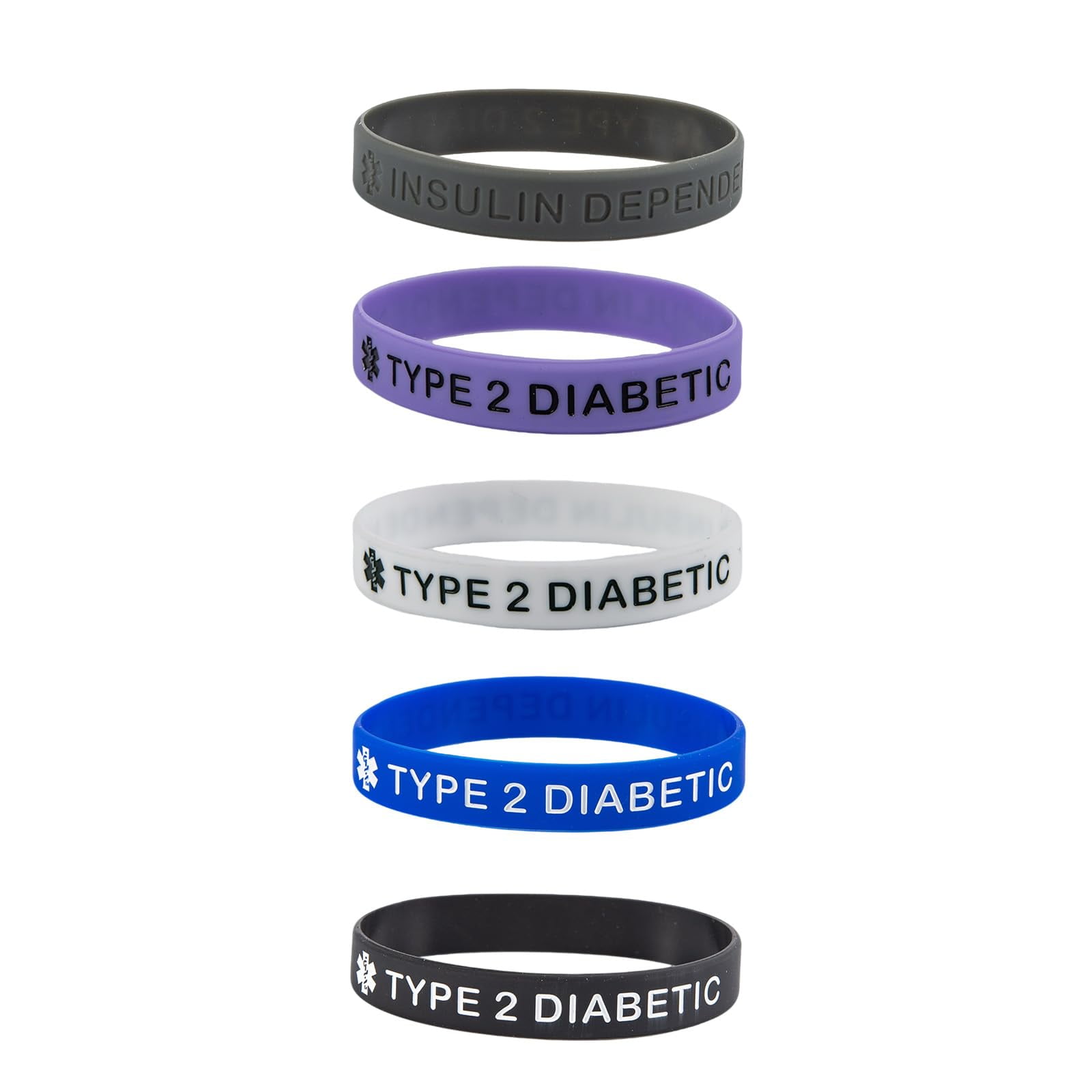 RUIFUU 5 Pack Type 2 Diabetes Silicone Medical Alert Bracelets Insulin Dependent Diabetic Wristbands for Adults 8 Inches Waterproof Unisex Design for Men and Women