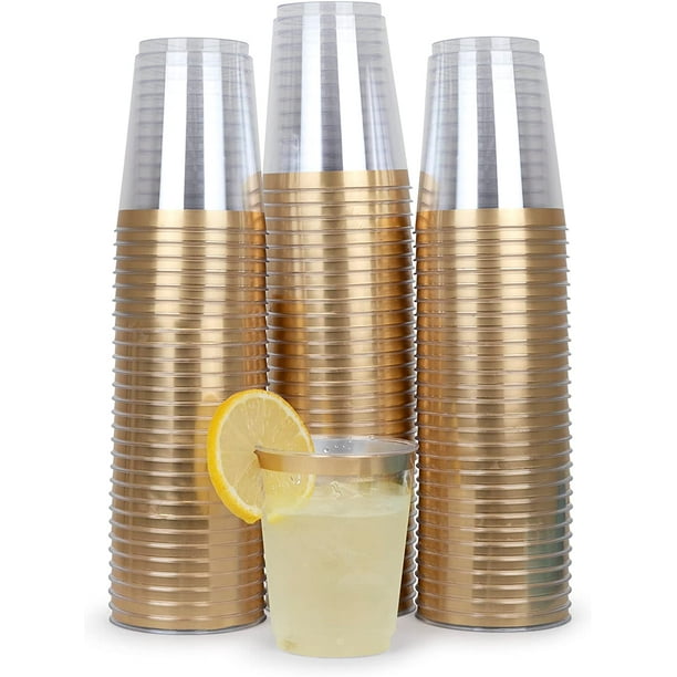 50 Pack Gold Rimmed Plastic Cups 10 Oz Clear Premium Disposable Cups