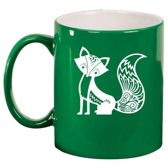 Fancy Fox Ceramic Coffee Mug Tea Cup Gift for Her, Women, Daughter, Mom, Wife, Family, Coworker, Boss, Sister, Aunt, Grandma, Friend, Birthday, Cute, Friend, Anniversary, Fox Lover (11oz Green)