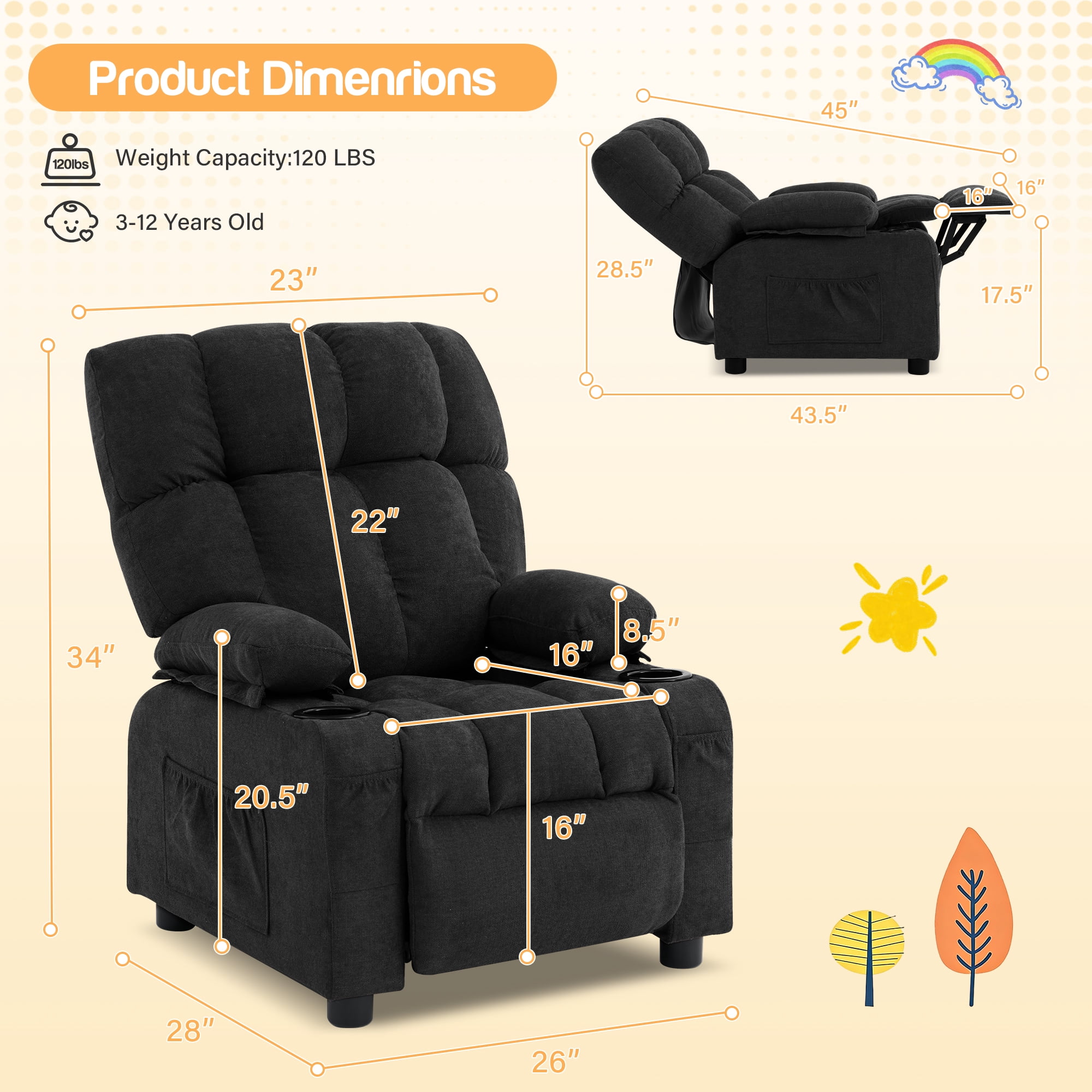 JONPONY Kids Recliner Chair,Push Back Toddler Recliner with Cup Holders & Side Pockets，Adjustable Footrest & Headrest Kids Sofa for Boys Girls 3+ Age Group，Children's Bedroom Furniture，Black