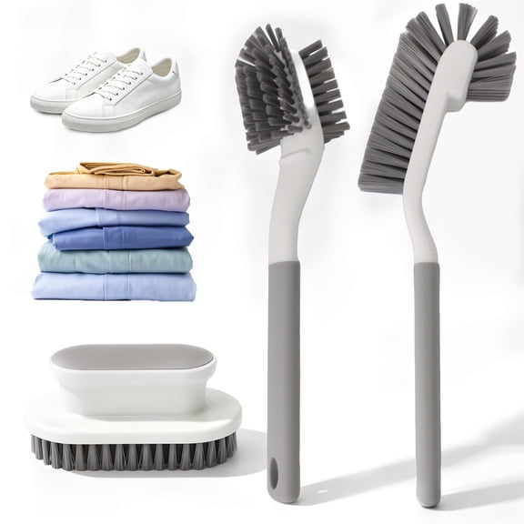 3-Piece Shoe and Clothes Brush Set with Long Handle, Gray Cleaning Brushes for Laundry and Sneakers