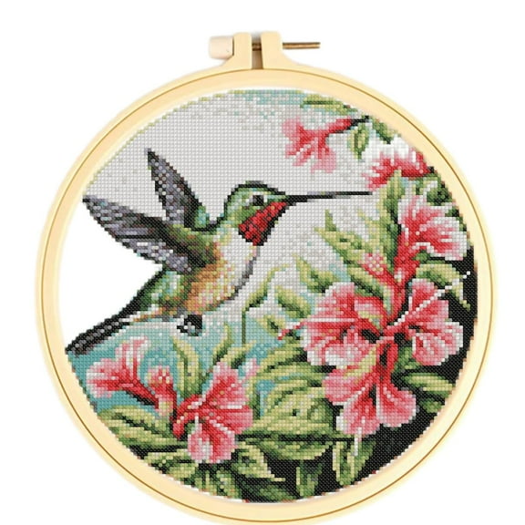 Stamped Cross Stitch Kits with Hoop for Starter Kits Flying Hummingbird DIY 11CT Pre-printed Patterns Needlepoint Embroidery Needlework Kit Set Supplies with Hoop 38x38cm