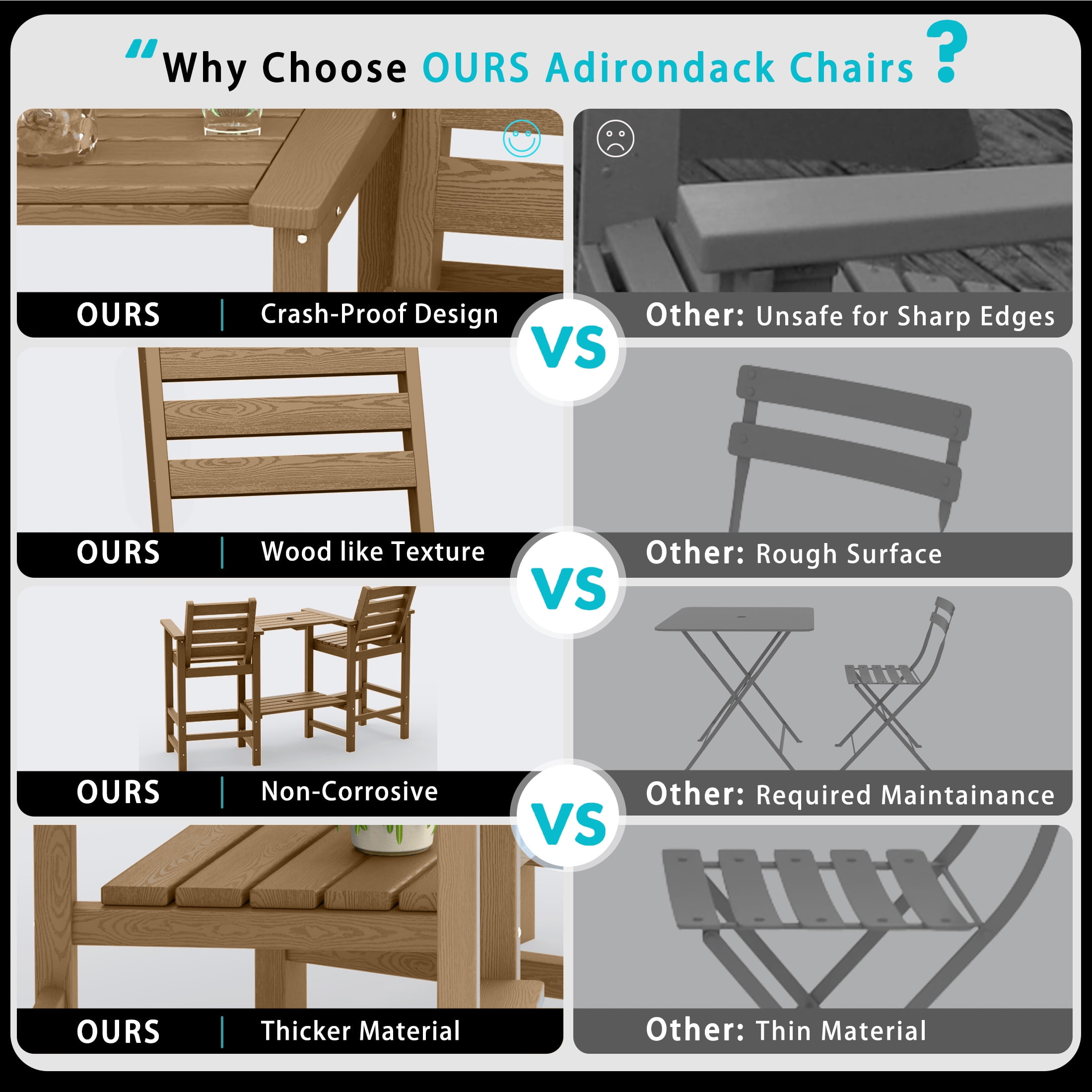 AreShark HDPE Tall Adirondack Chair Set with Removable Double Trays (Set of 2) Brown