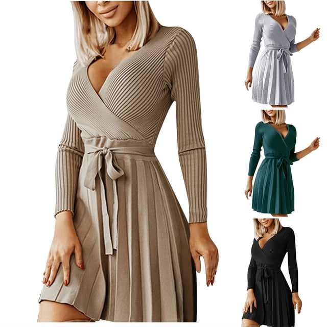 Gspmoly Robes pour Femmes, Mode Femmes Aguichant Décontractée à Col en V Uni à Manches Longues Ajourée Robe Mini Robes d'Été pour Femmes jusqu'à 65 % de Rabais