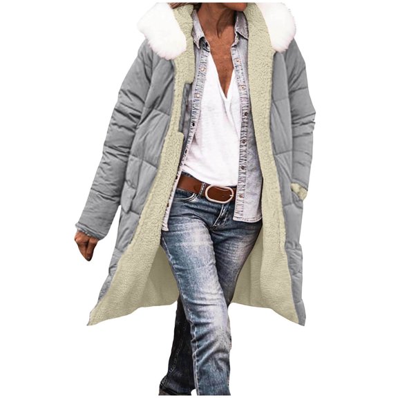 JGGSPWM Long Puffer Jacket for Women Reversible Padded Down Jackets Warm Winter Shearling Fleece Lined Coats Parka Jackets Silver L