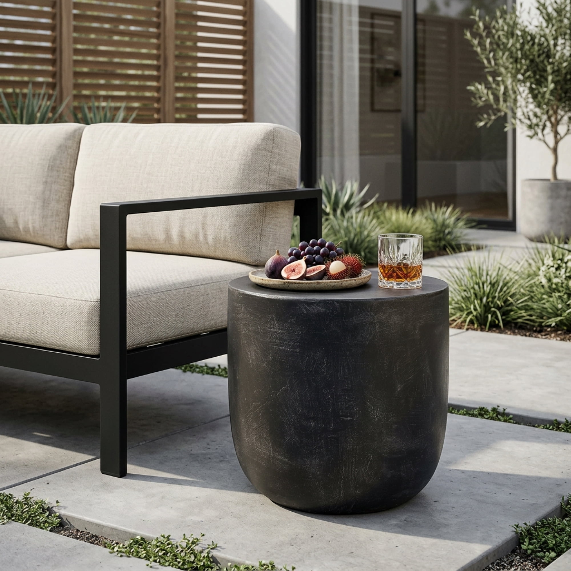 Outdoor Barrel Texture Side Table, Lightweight Concrete Craft for Patio Garden, White