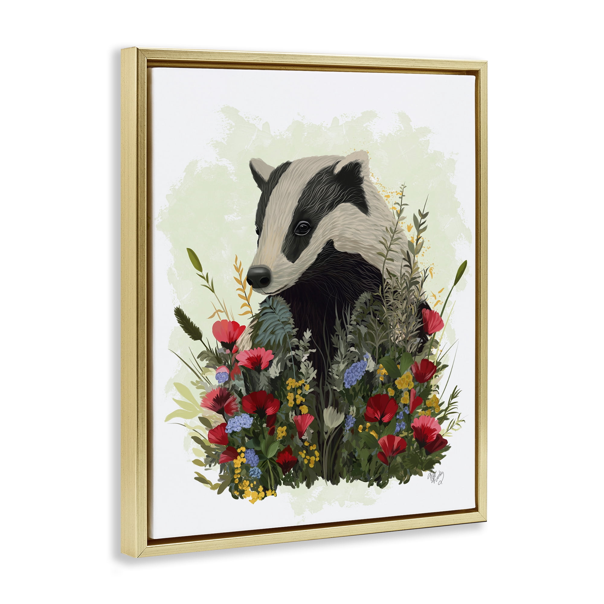 Stupell Industries Badger with Poppy Blossoms Animals & Insects Painting Gold Floater Framed Canvas Art Print Wall Art, 17 x 21