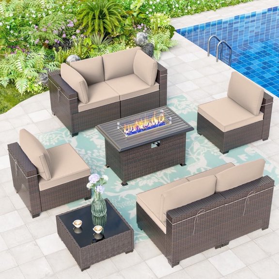 ALAULM 8 Pieces Outdoor PE Rattan Patio Conversation Furniture with 43" Gas Fire Pit Sofa Sets W/6 Cushions, Sand