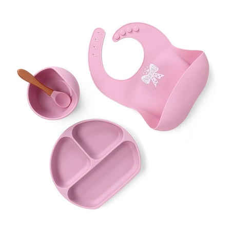 

Dasbsug 4 Pcs Baby Food Grade Silicone Waterproof Bibs+Suction Dinner Plate+Bowl+Spoon Set Newborn Infants Feeding Burp Cloth