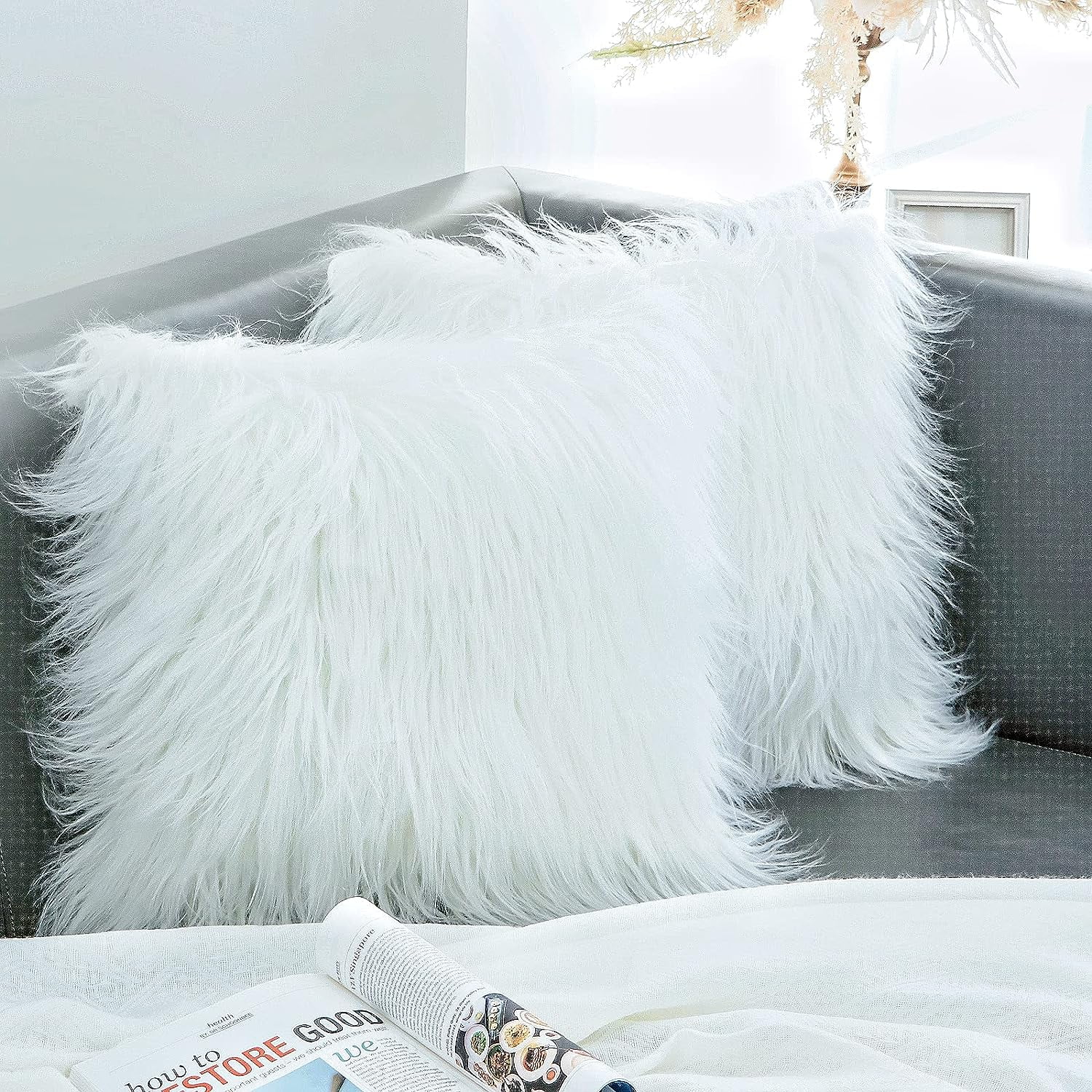 OurWarm Set of 2 White Fur Throw Pillows Fluffy Pillow Covers 18"x18