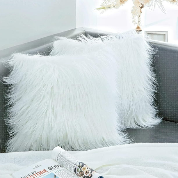 OurWarm Set of 2 White Fur Throw Pillows Fluffy Pillow Covers 18"x18