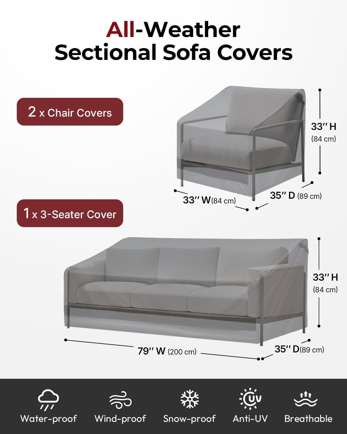 3-Seater Patio Furniture Covers Waterproof Heavy Duty 600D Oxford Fabric Outdoor Sofa Cover Sun Fade Resistant 79W x 37D x 35H Inch