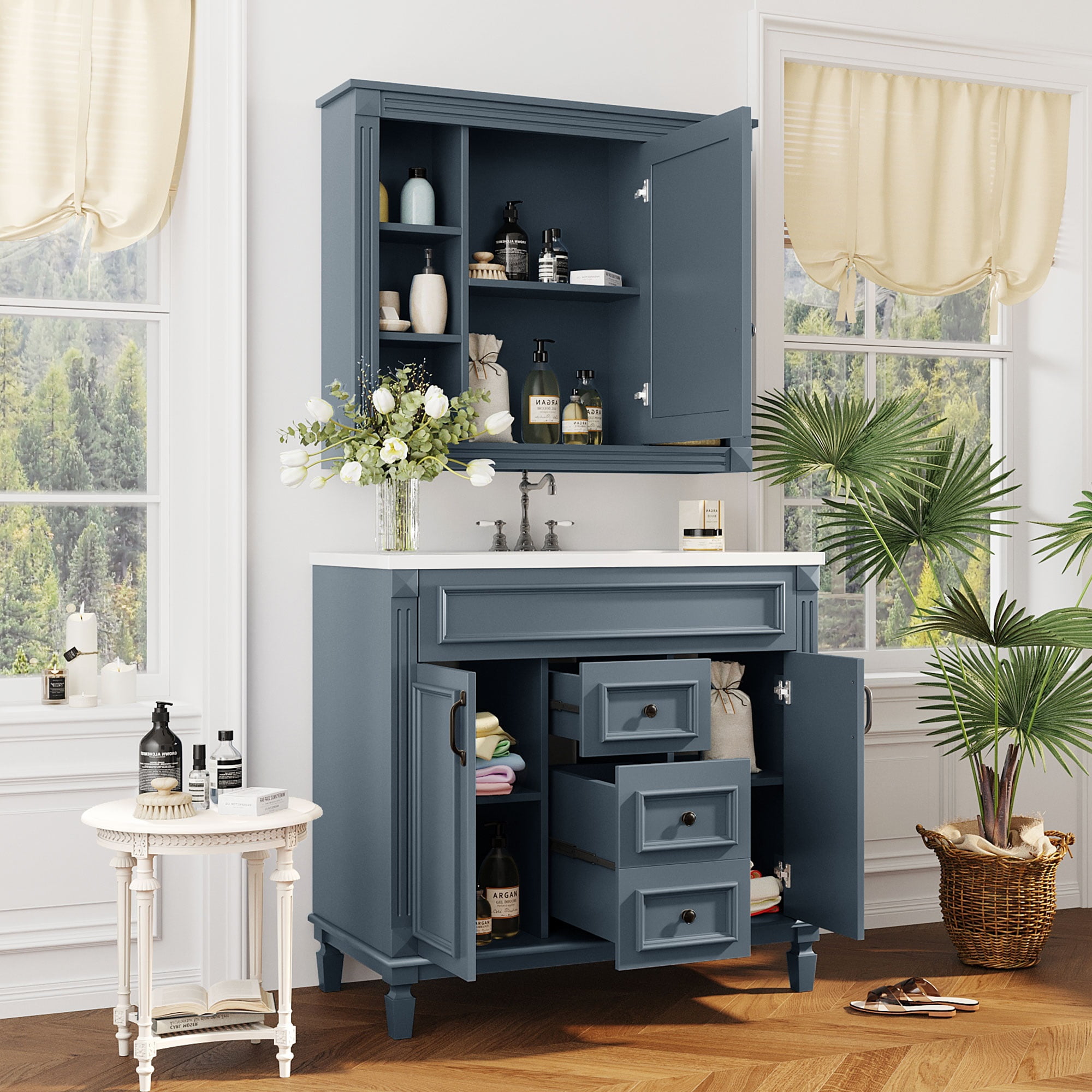 EUROCO 36" Bathroom Vanity with Top Sink, Royal Blue Mirror Cabinet, Modern Bathroom Storage Cabinet with 2 Soft Closing Doors and 2 Drawers, Single Sink Bathroom Vanity
