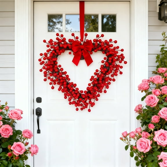 16" Heart-Shaped Red Berry Wreath - Festive Decor for Valentine’s Day Decoration, Perfect for Front Door & Wall Valentines Displays Gifts