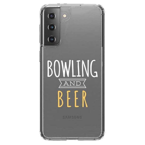DistinctInk Clear Shockproof Hybrid Case for Galaxy S21 5G (6.2" Screen) - TPU Bumper Acrylic Back Tempered Glass Screen Protector - Bowling and Beer