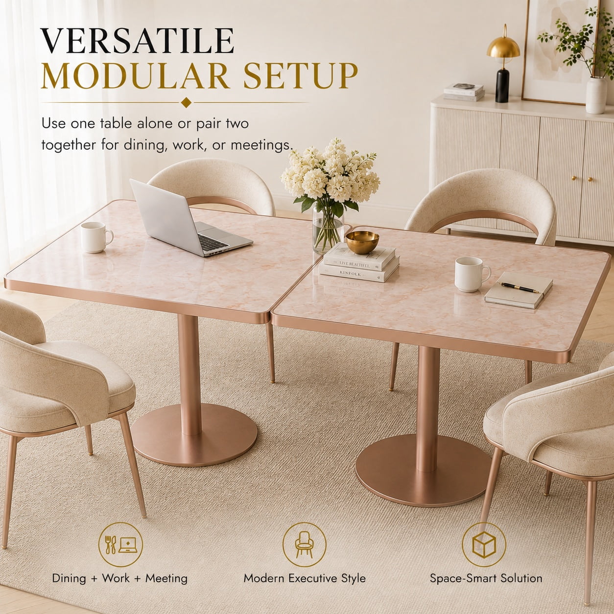 Aukfa 31.5" Square Dining Table for 2-4, Marble-Look Sintered Stone Top, Rose Gold Pedestal Base, Small Spaces,Blush Pink