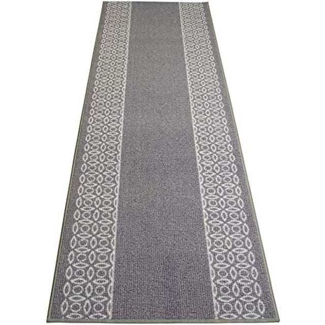 Custom Size Runner Rug Berber Chain Border Grey Design Rug Runner 26 Inch Wide and Your Choice of Your Length By Feet Proudly Customize In USA Facility (Grey With White Border, 15 ft x 26 in)