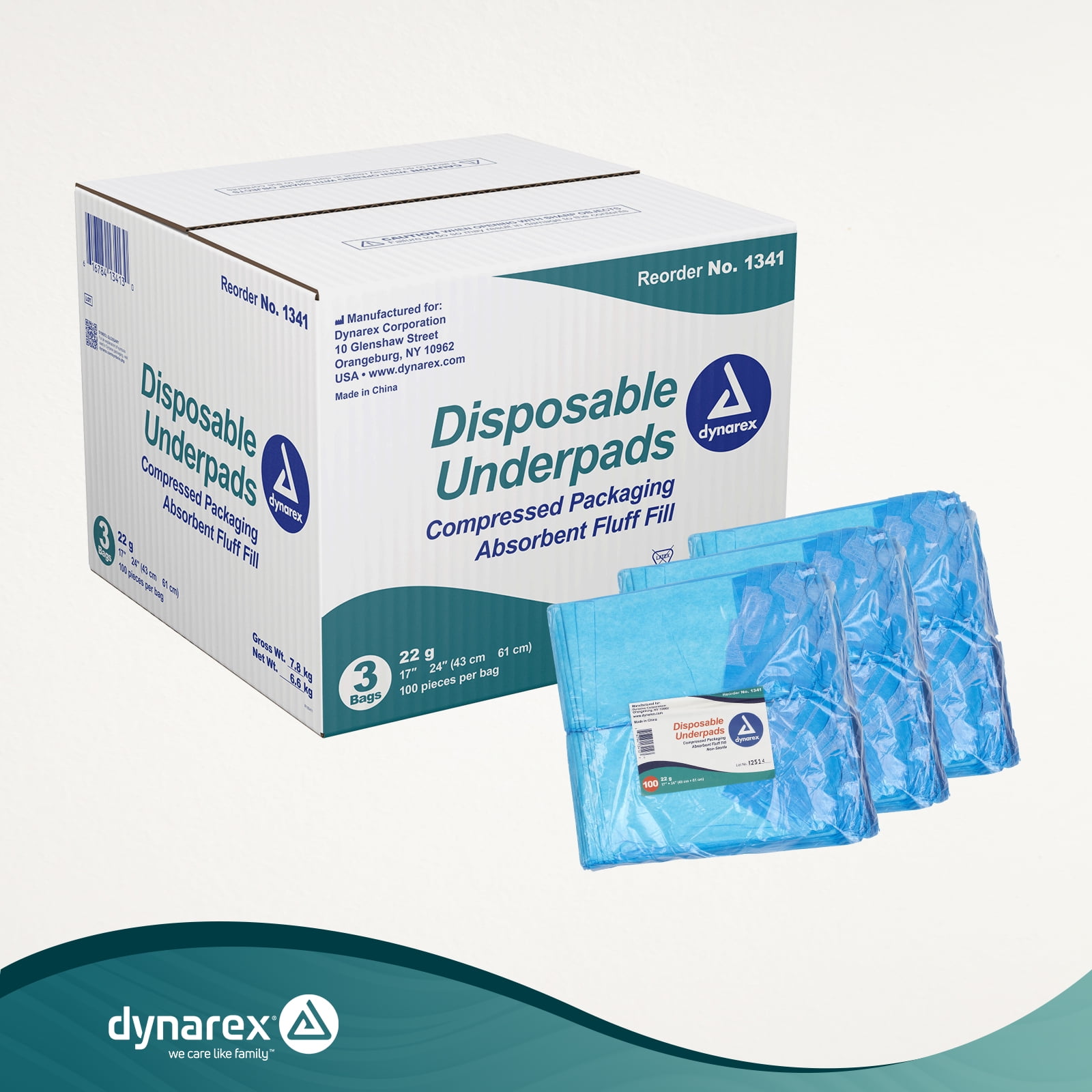 Dynarex Disposable Underpads, Medical-Grade Incontinence Bed Pads to Protect Sheets, Mattresses, and Furniture, 17” x 24” (22g), 1 Case of 300 (3 Boxes of 100)