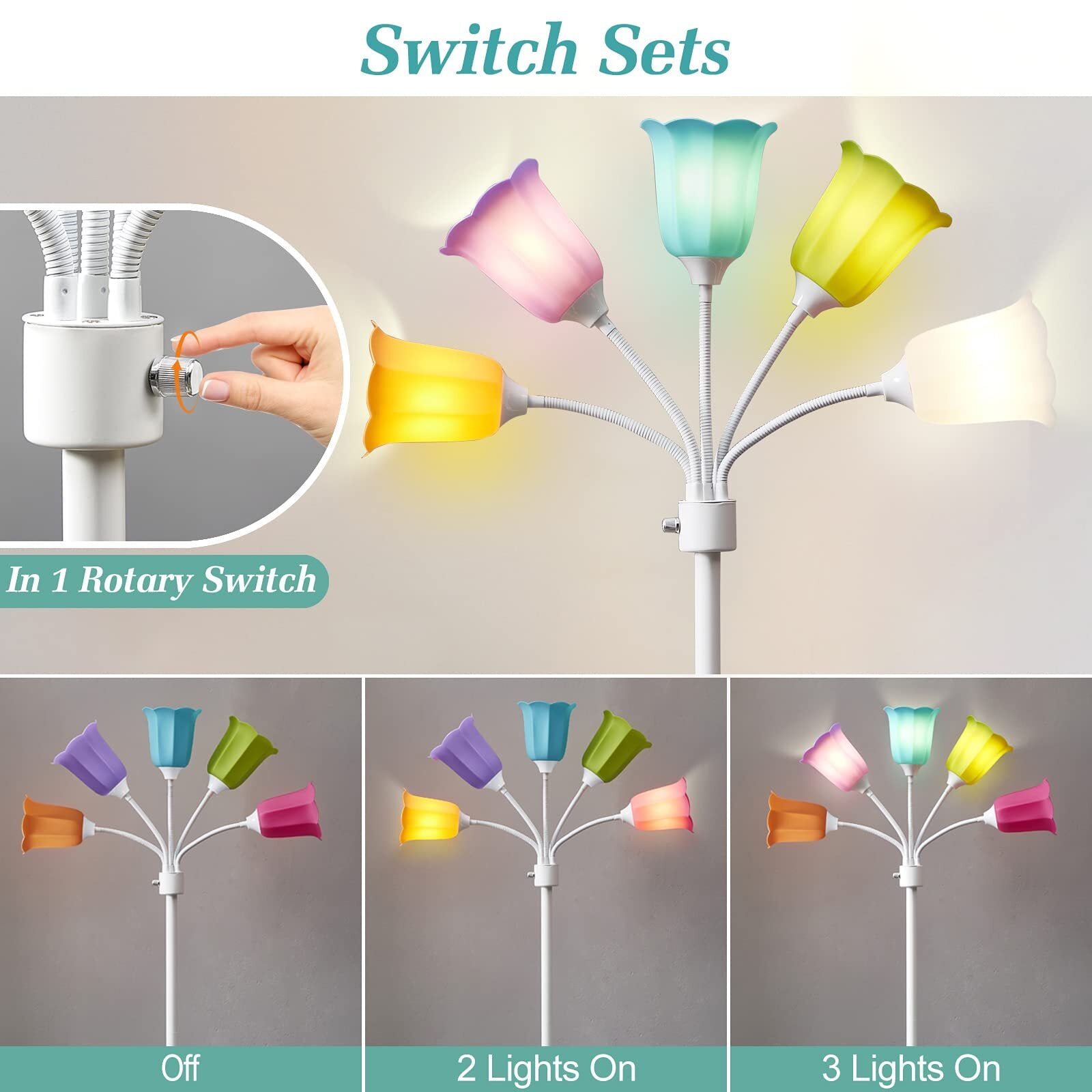 NATYSWAN Medusa LED Floor Lamp, Multi Head Modern Tall Lamp with Adjustable Gooseneck Standing Lamps Led Tall Lamp for Living Room Bedroom Kids Room Office 6 Color Lampshades Bulb Not Included