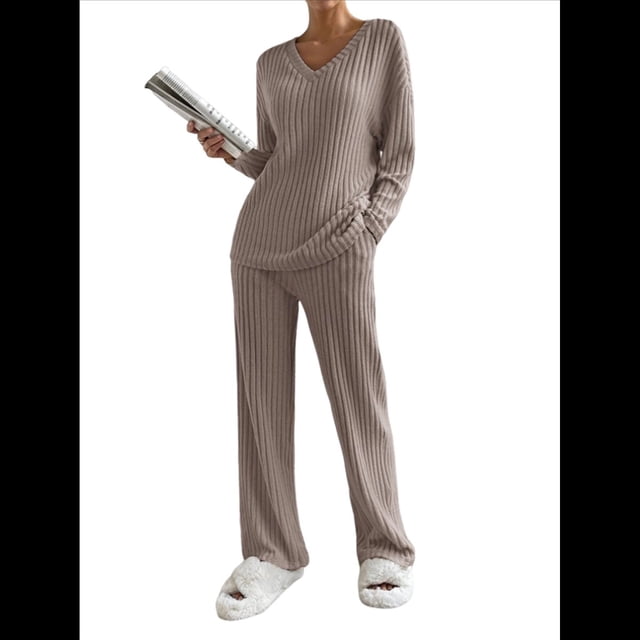 Conjunto de Pijama de Dos Piezas de Punto Acanalado para Mujer: Suéter de Larga y Pantalón . Caqui Oscuro XL