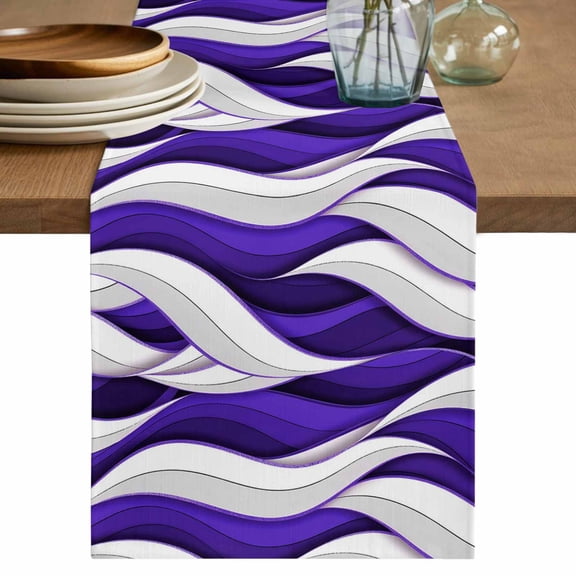 Purple White Moire Table Runner 70 Inches, Modern Abstract Art Elegant Bed Runner Dresser Scarves Tabletop for Indoor Outdoor Parties/Ceremony/Banquet, 13" x 70"