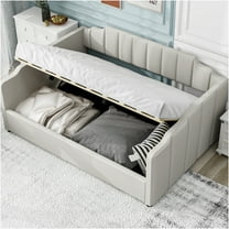 JERFIT Full Size Upholstered Daybed with Storage Drawer, Modern Linen Fabric Platform Bed with Backrest for Living Room, Guest Room, Beige