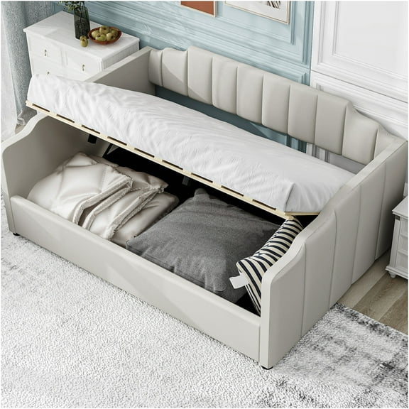 JERFIT Full Size Upholstered Daybed with Storage Drawer, Modern Linen Fabric Platform Bed with Backrest for Living Room, Guest Room, Beige