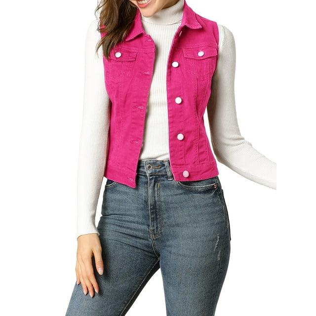 INSPIRE CHIC Women's Washed Denim Button Sleeveless Vest Jacket with Pockets XL Fuchsia