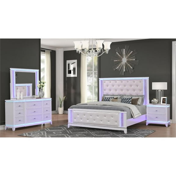 Modern Style Queen 4PC Storage Bedroom Set Made with Wood in Milky White