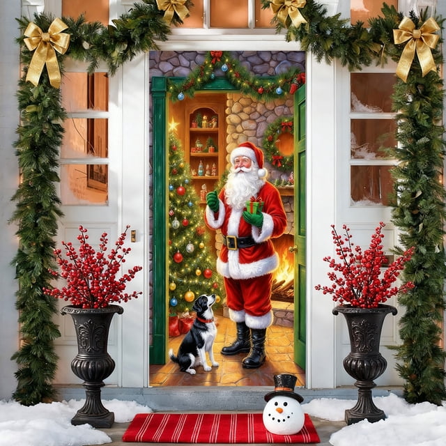 Housse de Porte de Noël Père Noël Rideau de Porte / Décoration Murale des Fêtes pour Porte d'Entrée / Tissu Polyester Festif Décoration Intérieure Extérieure pour la Maison