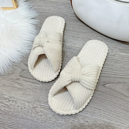 

Xinhuadsh 1 Pair Slippers Open Toe Cross Bow Decor Solid Color Flat Sole Soft Fabric Striped Texture Anti-skid Wear-resistant Breathable Women Home Slippers
