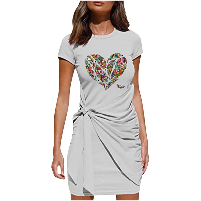 Pompotops Ladies Short Sleeve O-Neck Fold Printed Bowknot Belted Irregular Mini Dress