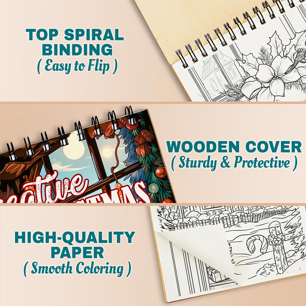 Netecom Creative Christmas Coloring Book Spiral Bound for Adults, A5 Wooden Cover, 30 Delightful Coloring Pages of Holiday Scenes for Stress Relief and Relaxation