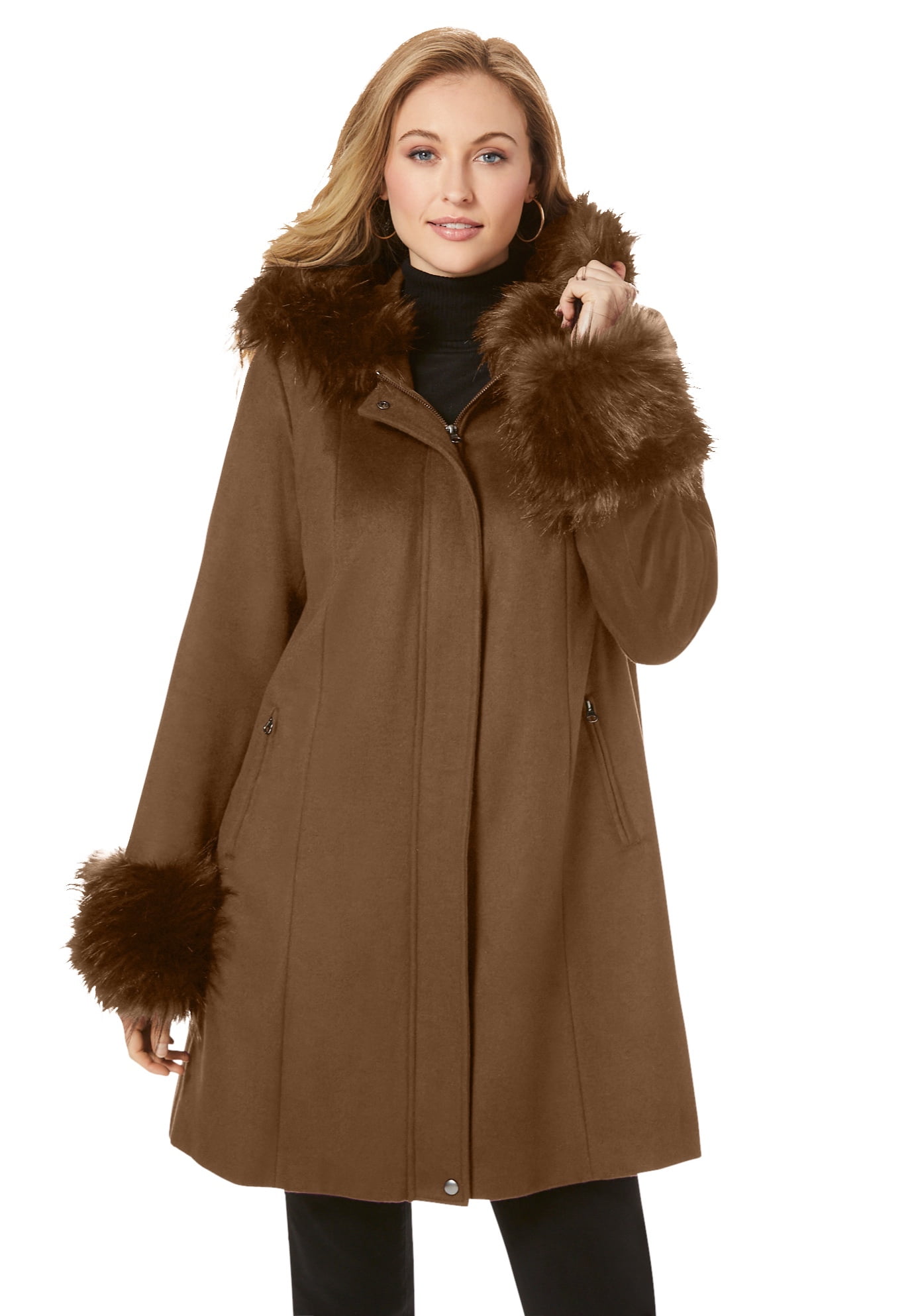 Blandet Vask vinduer kæmpe stor Jessica London Women's Plus Size Hooded Faux Fur Trim Coat Winter Wool  Hooded Swing Coat - Walmart.com