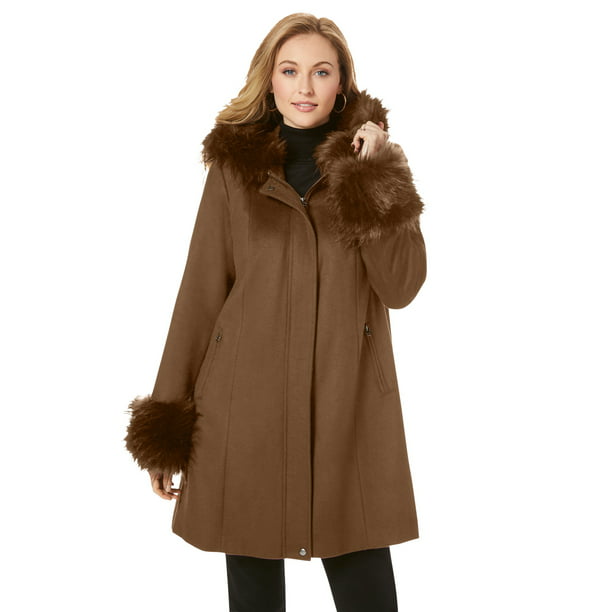 Hooded Faux Fur Trim Coat, Long Wool Coat With Fur Trimmed Hood
