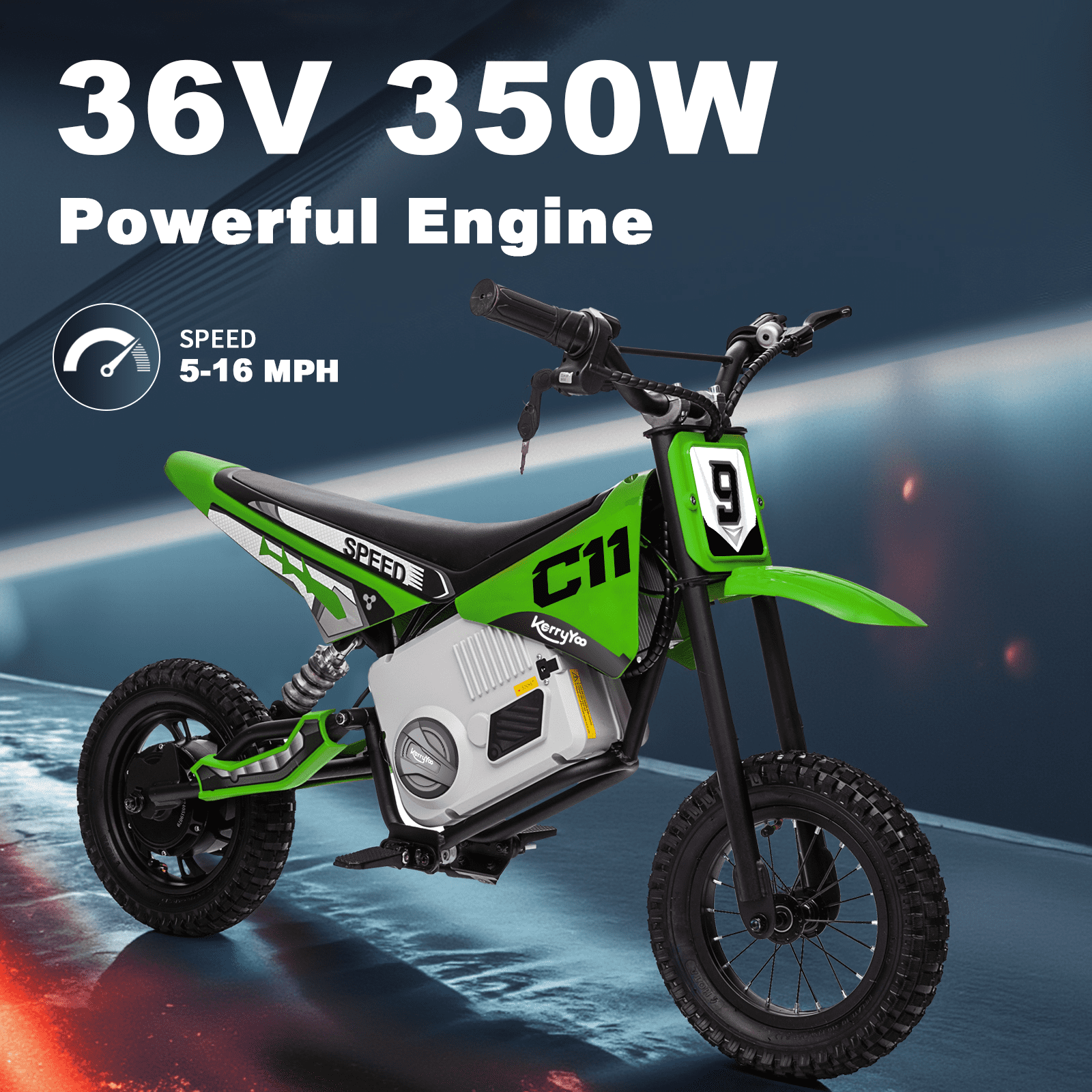 Kerry Yoo C11 36V Electric Dirt Bike for Kids 8-14, 350W Ride on Motorcycle, Electric Motorbike Teens,16 mph, High/Low Speeds-Green