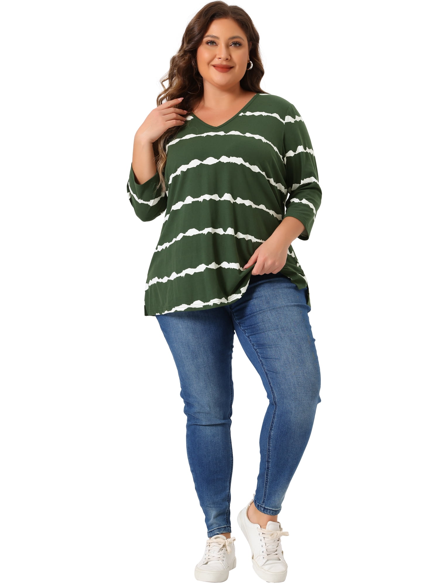 Unique Bargains Women's Plus Size V Neck 3/4 Sleeve Striped Tie Dye Blouse 1X Dark Green
