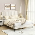 thumbnail image 1 of Costway Queen Size Velvet Bed Frame with Height Adjustable Vertical Channel Headboard,Beige, 1 of 10