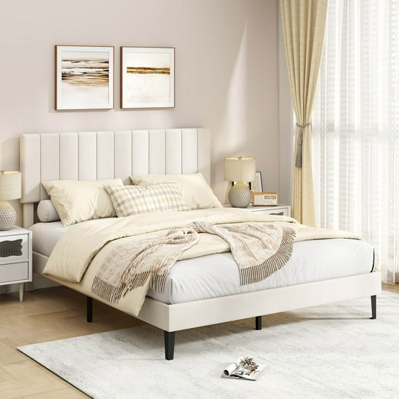 Costway Queen Size Velvet Bed Frame with Height Adjustable Vertical Channel Headboard,Beige