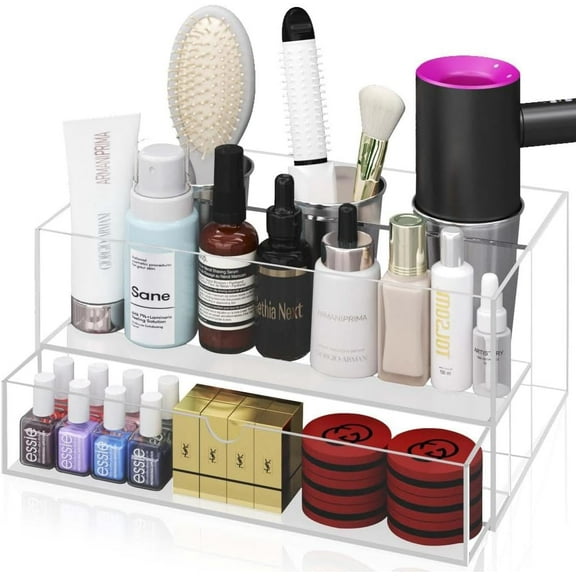 Acrylic Hair Tool Organizer - Blow Dryer Holder, Hair Styling Tools & Accessories Organizer, Bathroom Vanity Countertop Storage for Hair Dryer, Flat Irons, Curling Irons - Hold Hot Tools, Clear