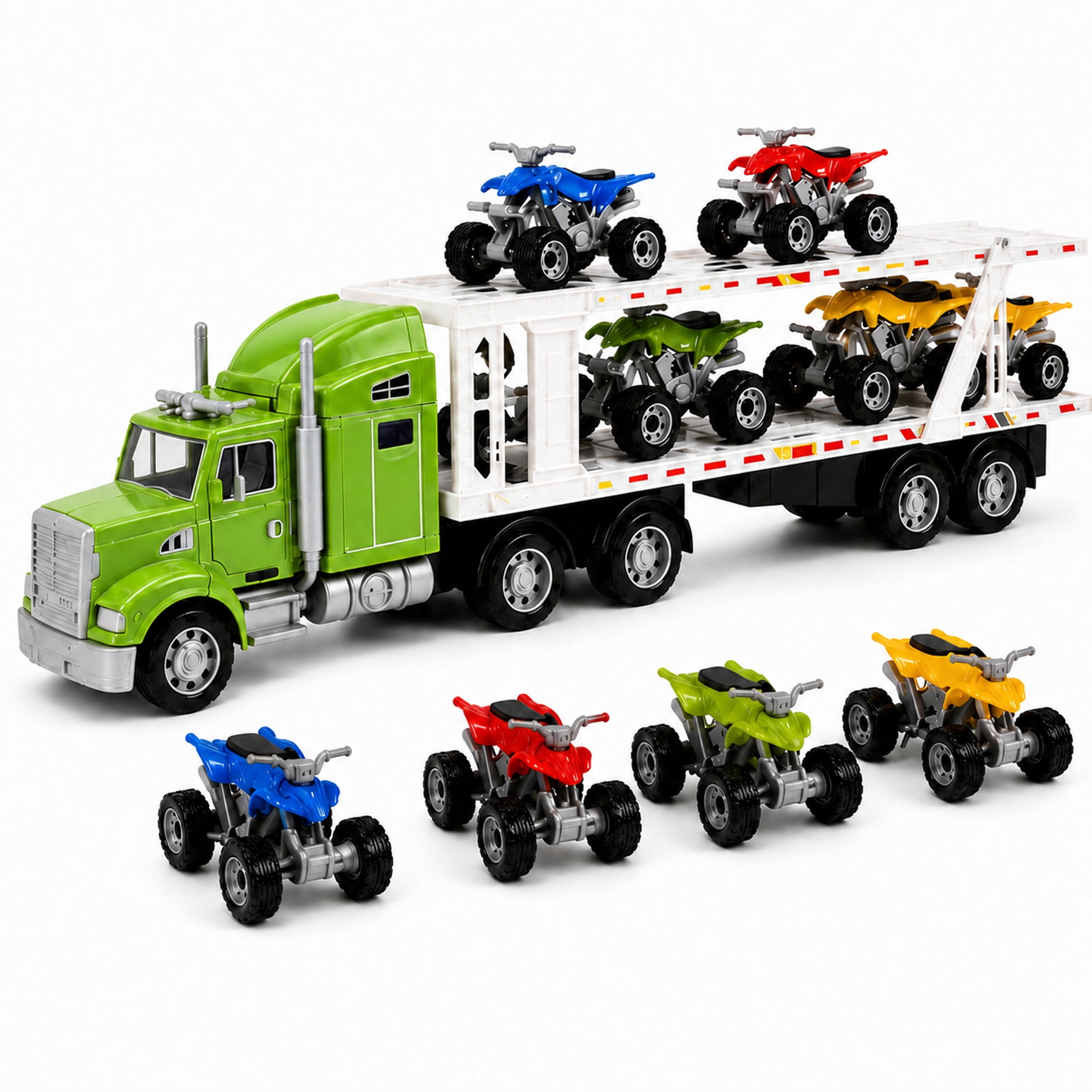 9-Piece Mini Vehicle Carrier Truck Playset, Double-Deck Toy Transport Truck with 8 Mini Vehicles, Friction Powered Semi Truck Toy, No Batteries Required, Gift for Kids Ages 3+