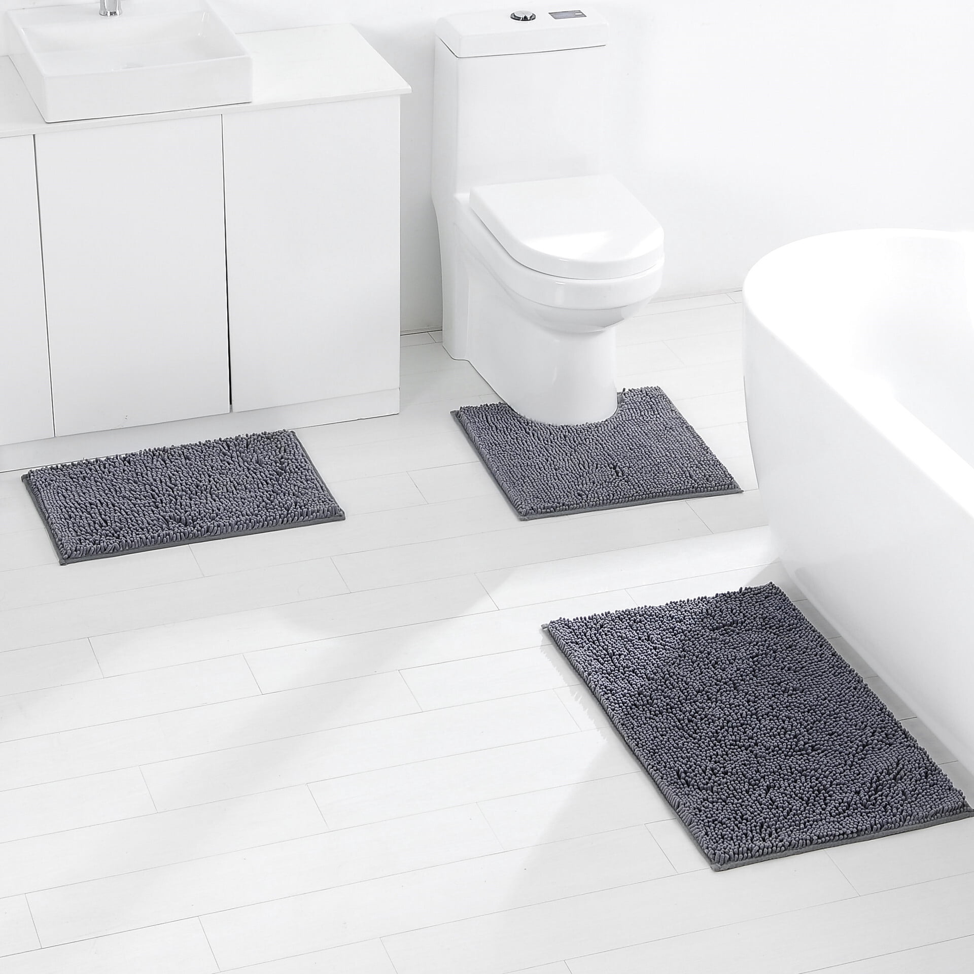 RUseeN Bathroom Rugs Sets 3 Piece Chenille Microfiber Bath Rug Non-Slip Bath Mats with Soft Plush PVC Backing Water Absorbent Carpet 1'' Quick Dry Microfiber Toilet Mat, Deep Gray